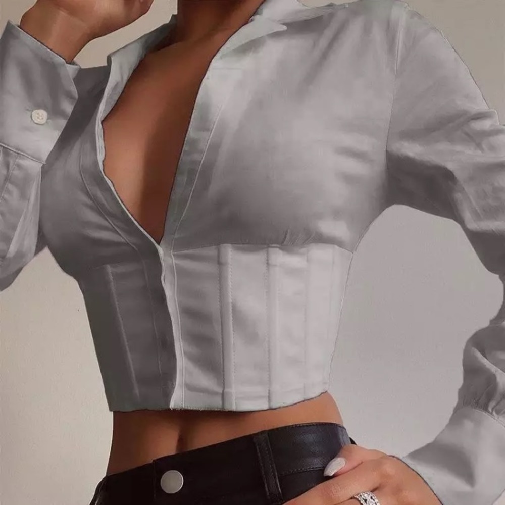 Cropped Button Down Lace Up Blouse (Grey)